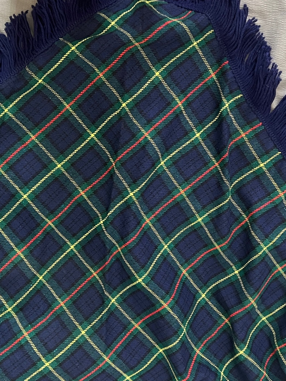 Oversize Plaid Blanket Shawl Fringed Tartan Scarf Navy Blue Green